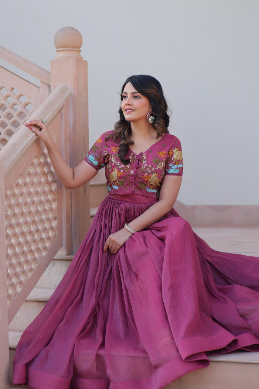 Light Purple Elegant Silver Crunchy Gown with Embroidered Koti – Stylish Partywear Set