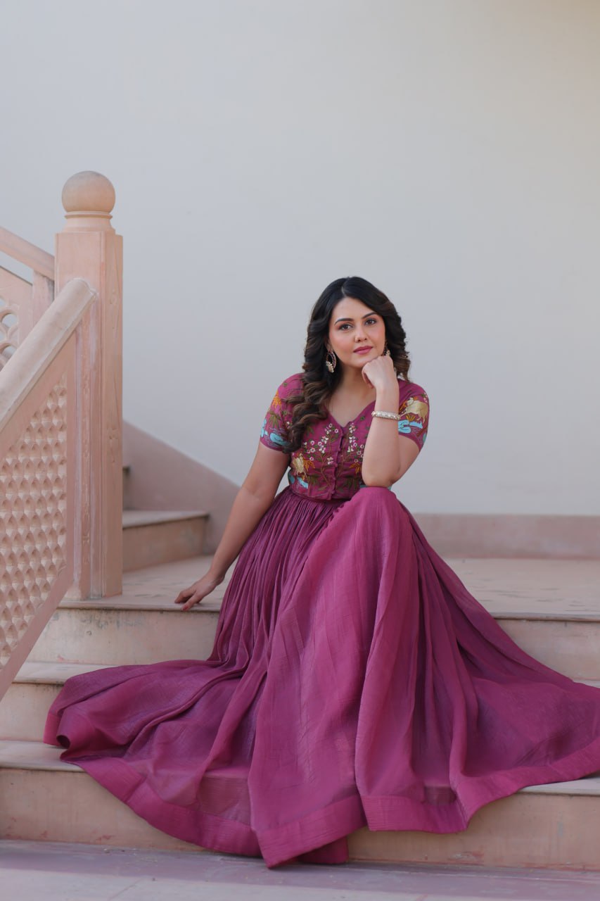Light Purple Elegant Silver Crunchy Gown with Embroidered Koti – Stylish Partywear Set