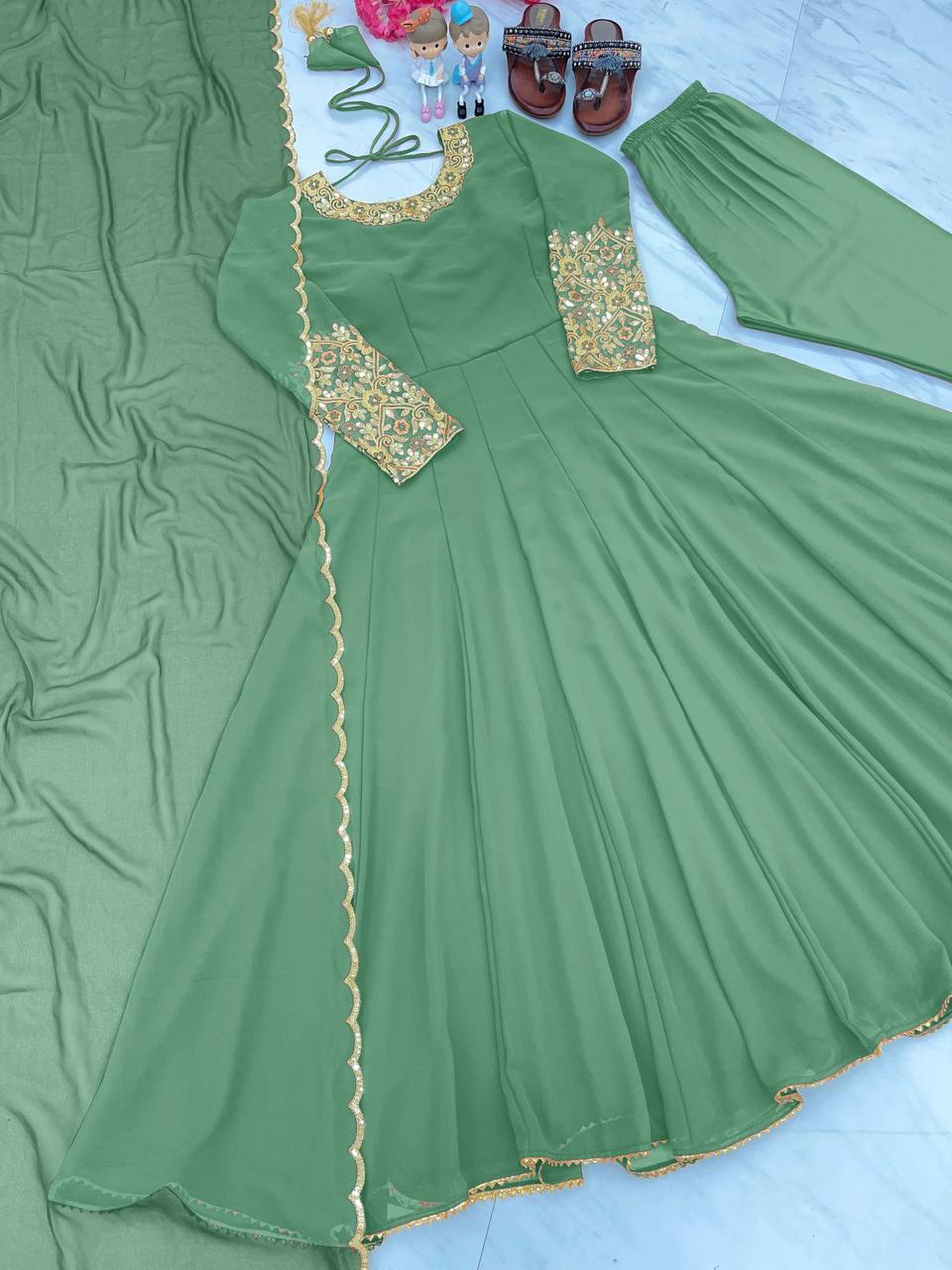 Light Sky Blue Premium Designer Party Wear Anarkali Gown, Dupatta & Bottom Set