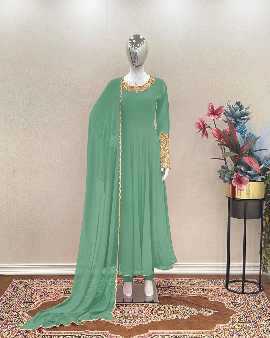 Light Sky Blue Premium Designer Party Wear Anarkali Gown, Dupatta & Bottom Set