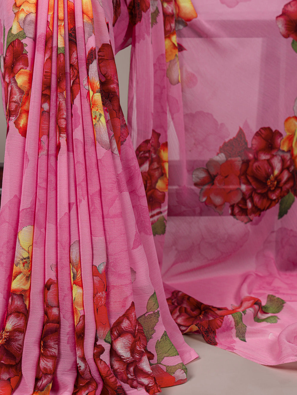 Pink floral print chiffon saree with mehndi banglory blouse lace detailing