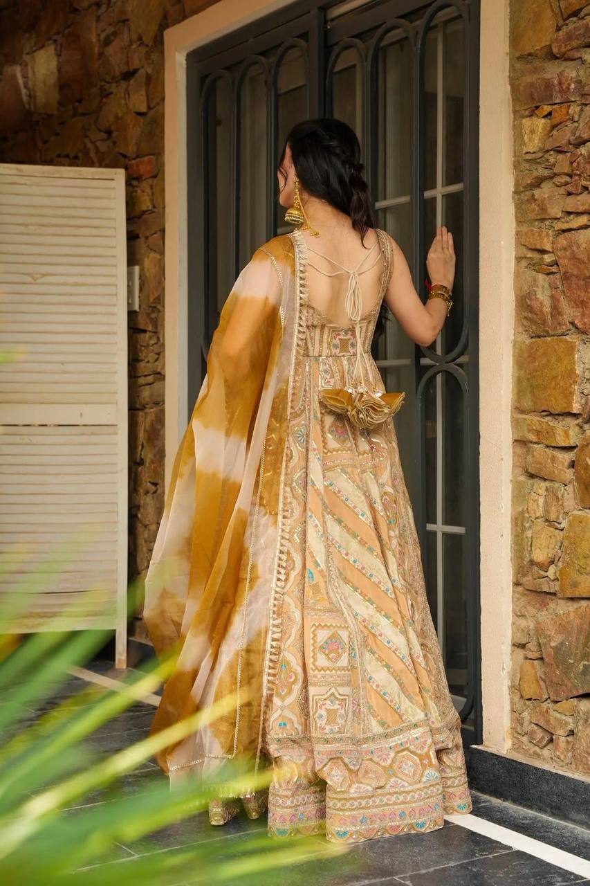 Light Yellow Designer Jimmy Organza Silk Digital Printed Anarkali Gown Set with Dupatta