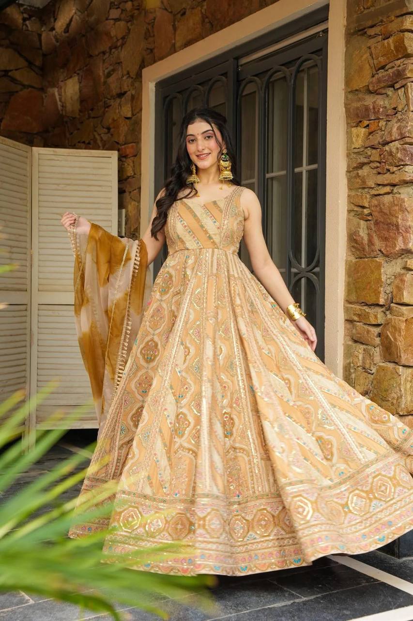 Light Yellow Designer Jimmy Organza Silk Digital Printed Anarkali Gown Set with Dupatta