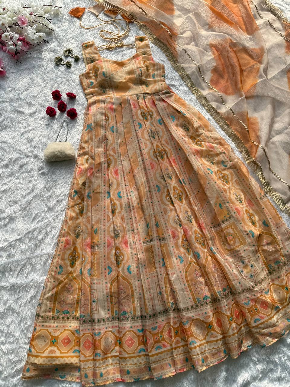 Light Yellow Designer Jimmy Organza Silk Digital Printed Anarkali Gown Set with Dupatta