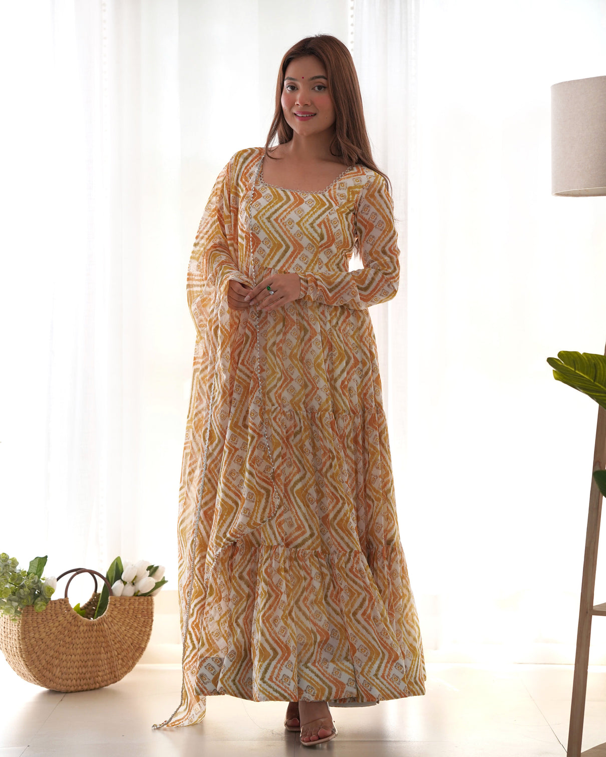 Light yellow Zigzag Print Anarkali Set with Dupatta – Perfect for Festivities & Weddings