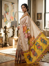 Cream Lightweight Manipuri Slub Silk Saree with Running Blouse for Festive