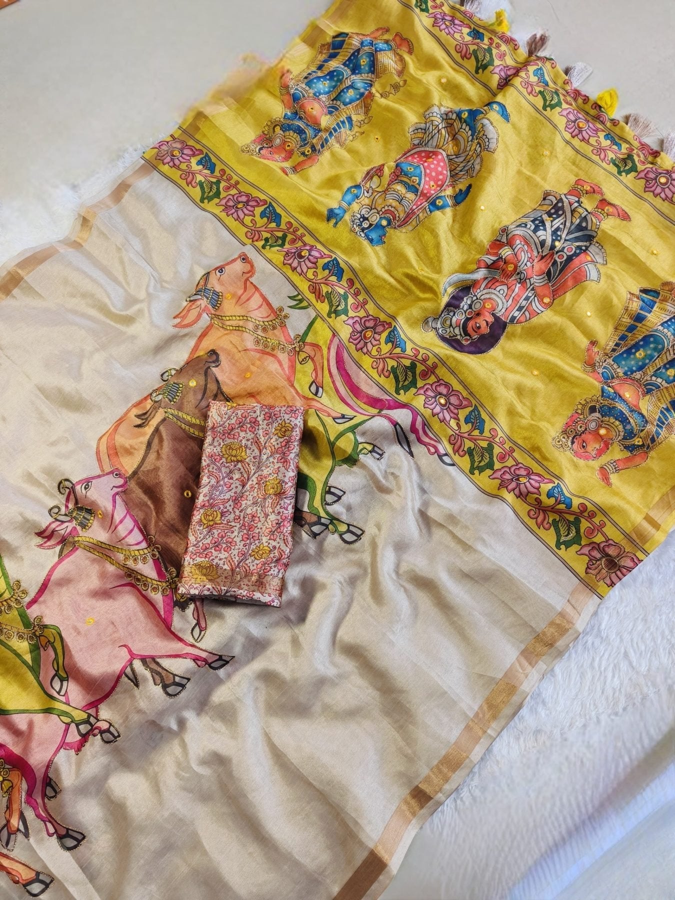 Cream Lightweight Manipuri Slub Silk Saree with Running Blouse for Festive