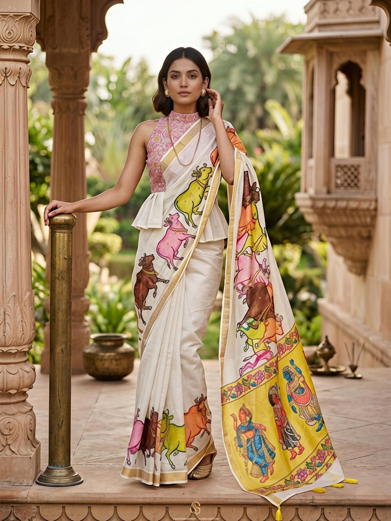 Cream Lightweight Manipuri Slub Silk Saree with Running Blouse for Festive