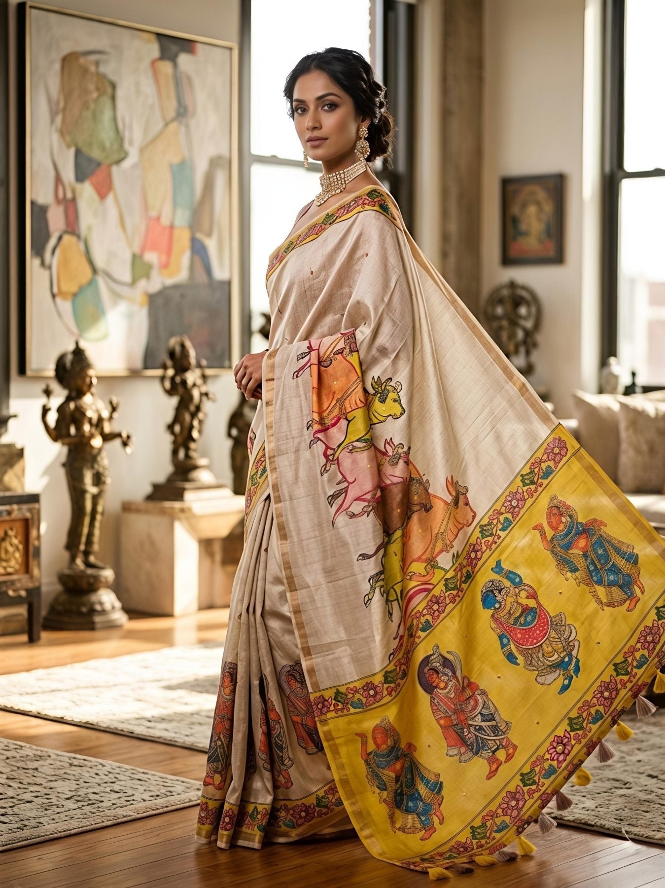 Cream Lightweight Manipuri Slub Silk Saree with Running Blouse for Festive