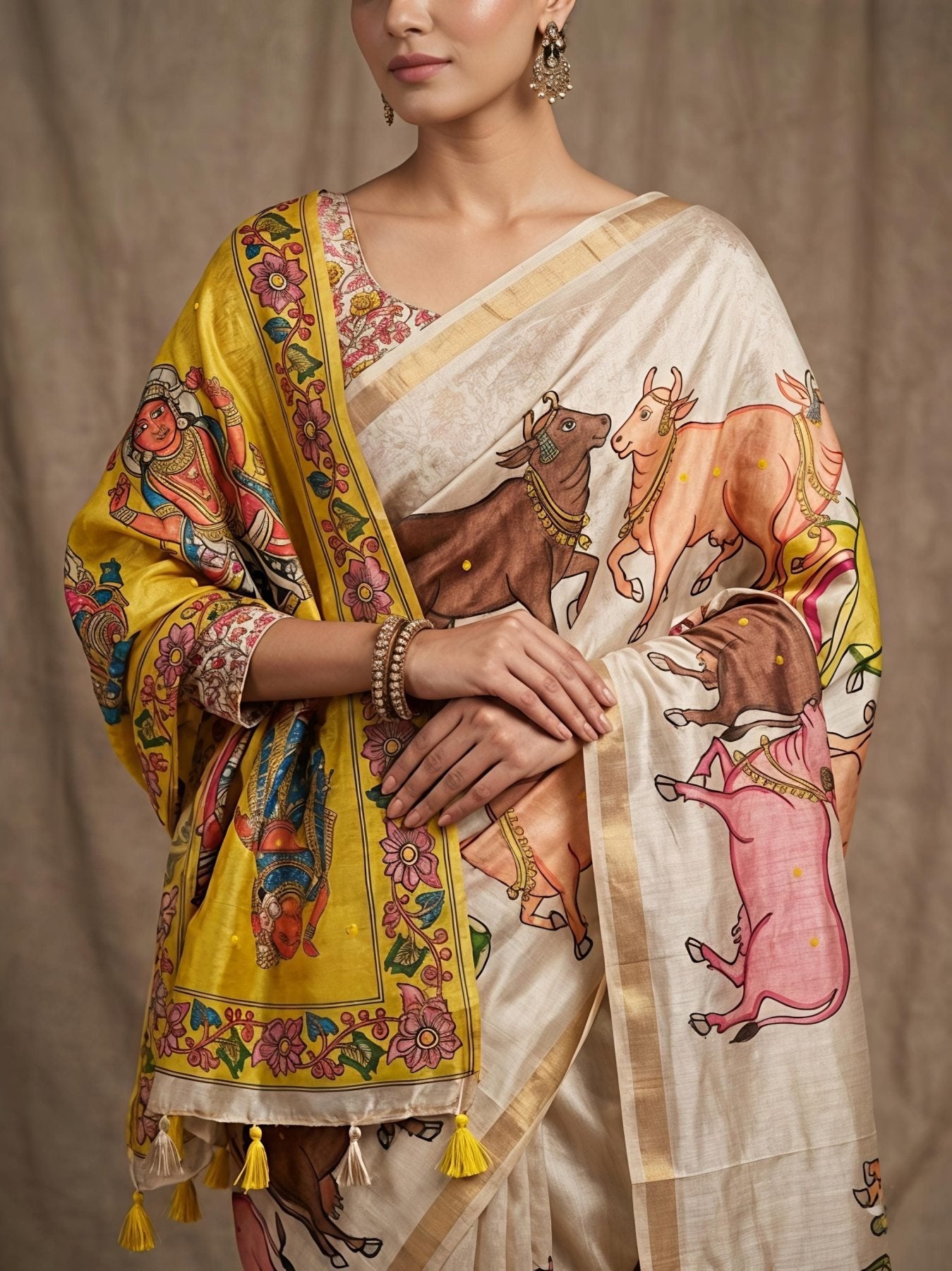 Cream Lightweight Manipuri Slub Silk Saree with Running Blouse for Festive