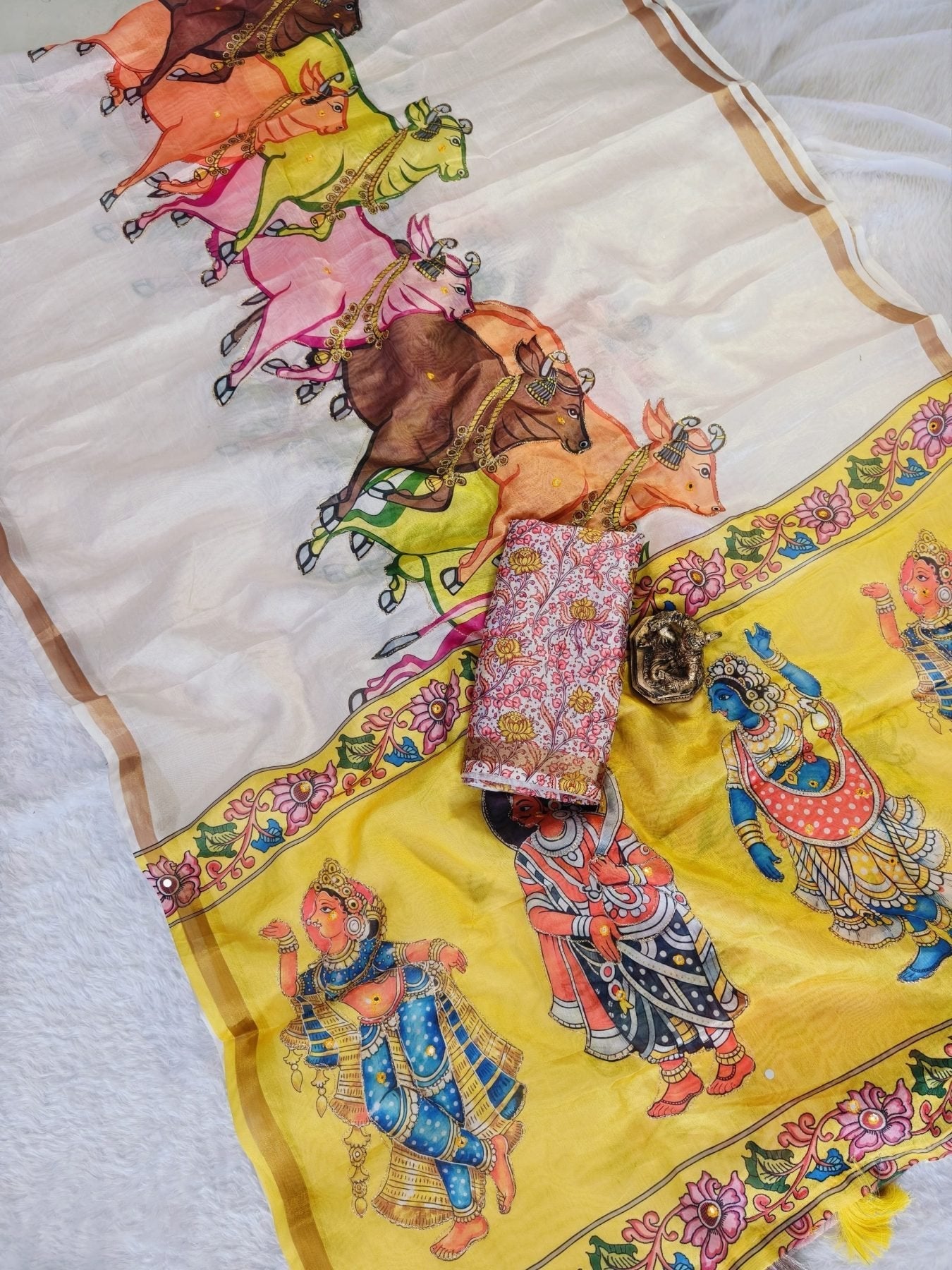 Cream Lightweight Manipuri Slub Silk Saree with Running Blouse for Festive
