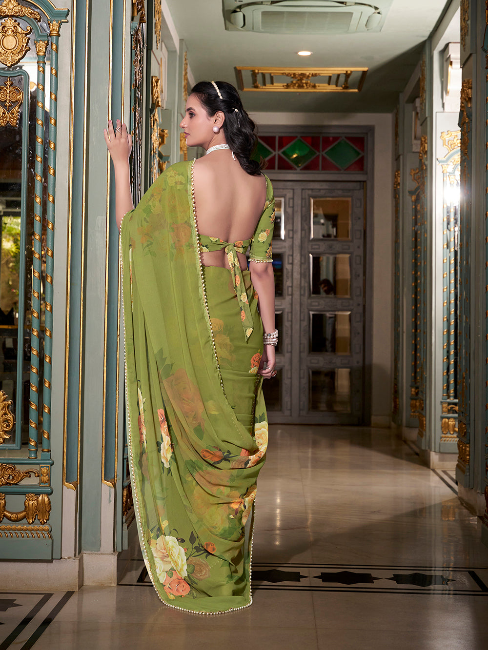 Mehendi green georgette plain saree with printed pearl lace border