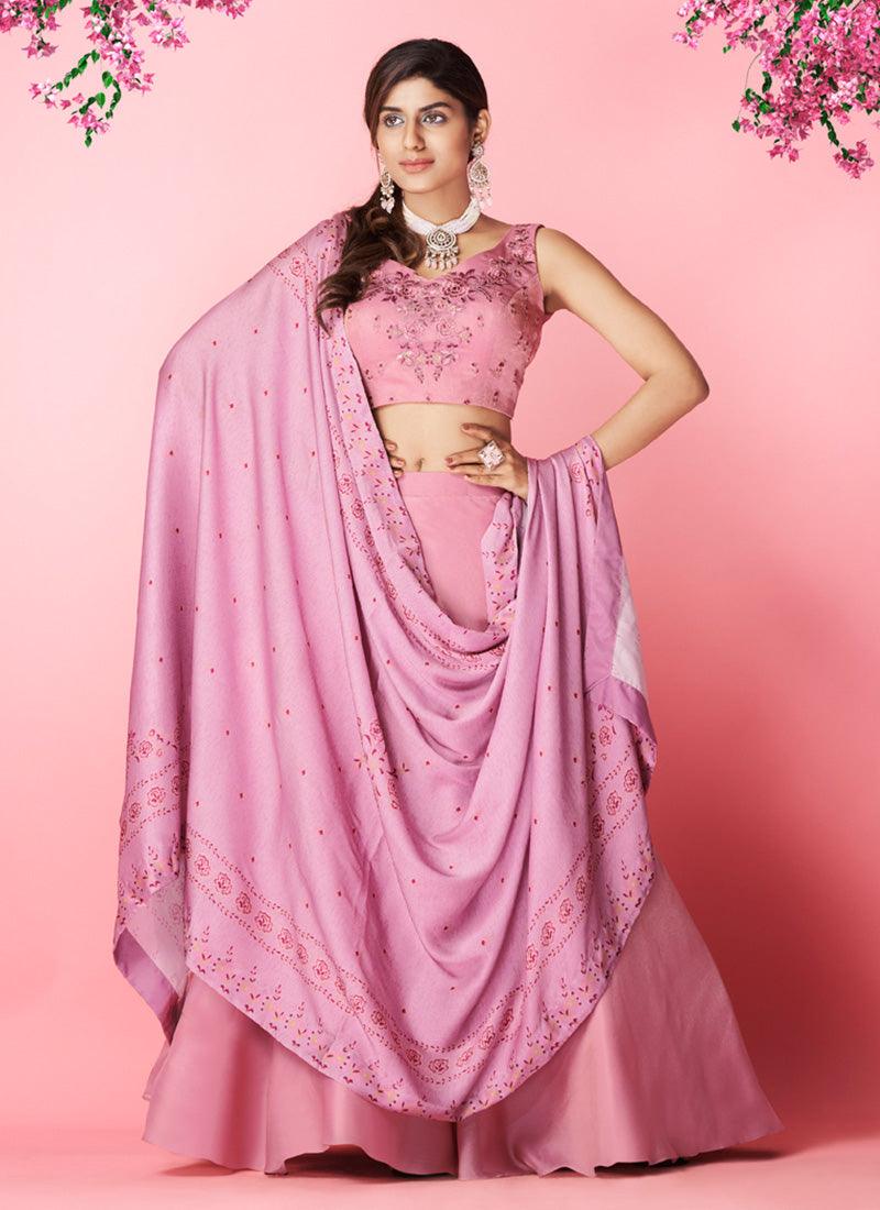 Lilac Color Sleeveless Hand Work Choli With Chiffon Base Lehenga