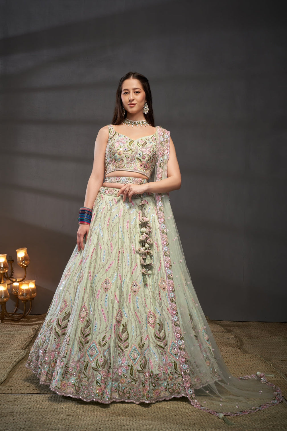 Lime Green Chiffon Mirror Work Lehenga Choli Set with Heavy Zari & Sequin Embroidery