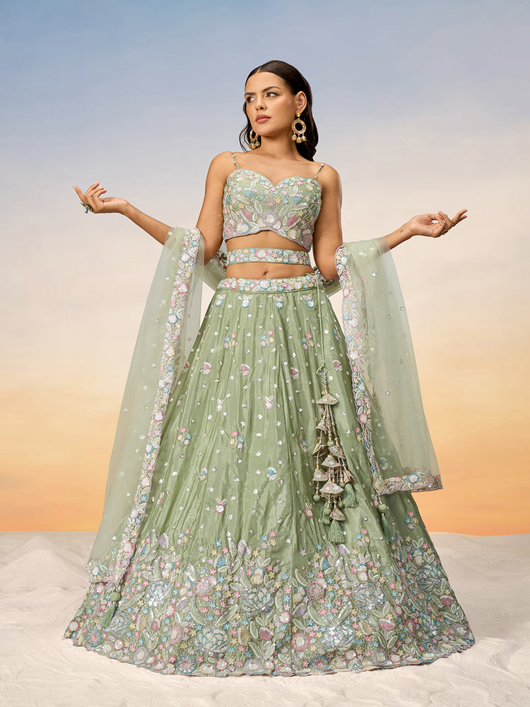 Lime green Chiffon Sequins and thread embroidery Semi-Stitched Lehenga choli & Dupatta