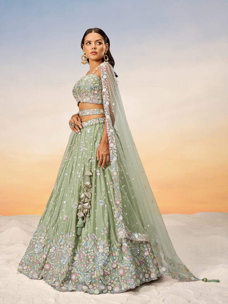 Lime green Chiffon Sequins and thread embroidery Semi-Stitched Lehenga choli & Dupatta