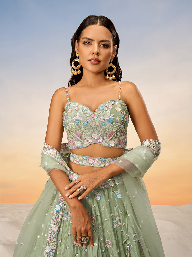 Lime green Chiffon Sequins and thread embroidery Semi-Stitched Lehenga choli & Dupatta