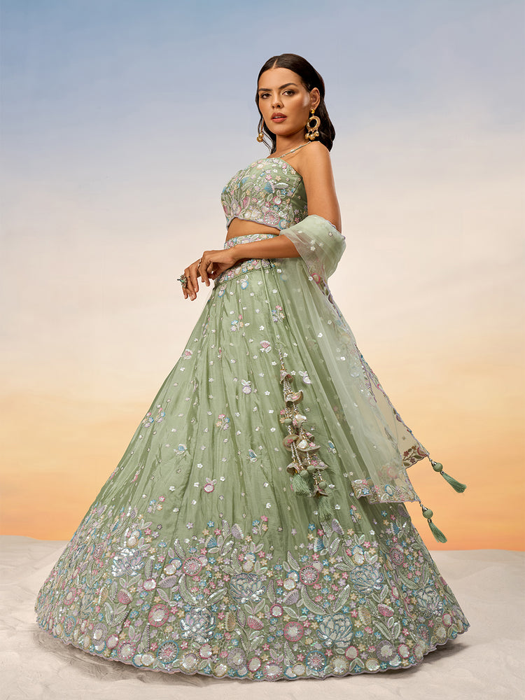 Lime green Chiffon Sequins and thread embroidery Semi-Stitched Lehenga choli & Dupatta