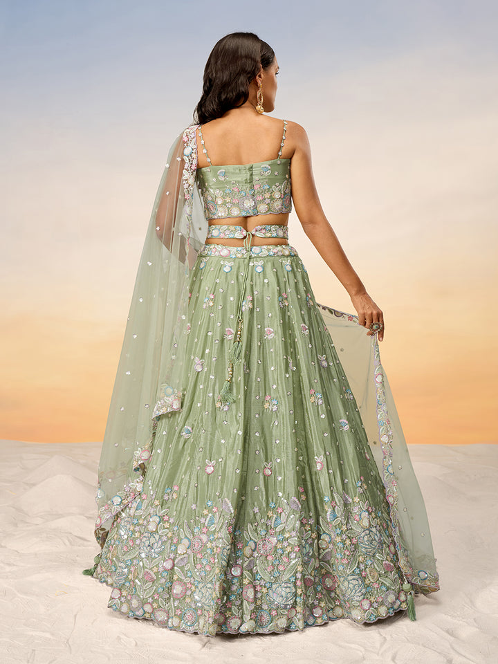 Lime green Chiffon Sequins and thread embroidery Semi-Stitched Lehenga choli & Dupatta