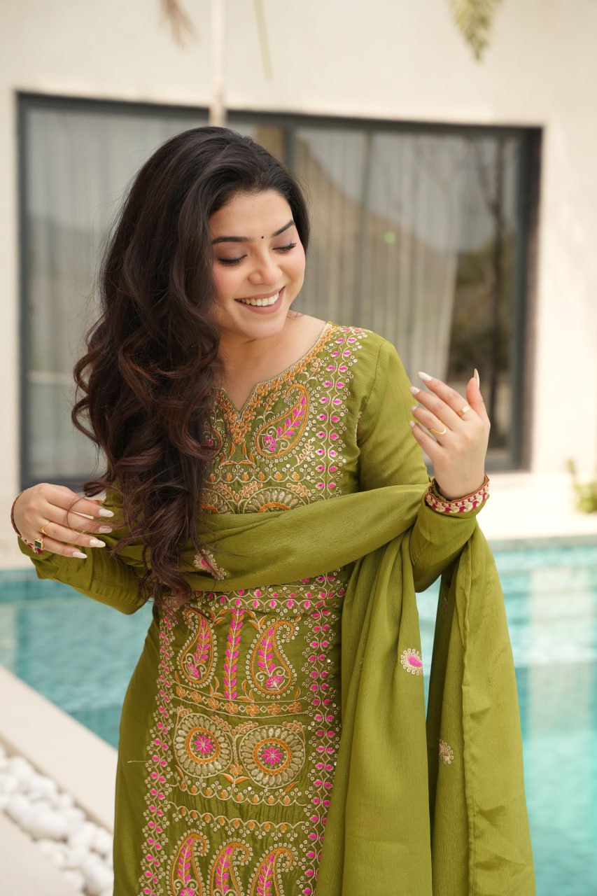 Lime Green Chinnon Silk Embroidered Top Pant Set
