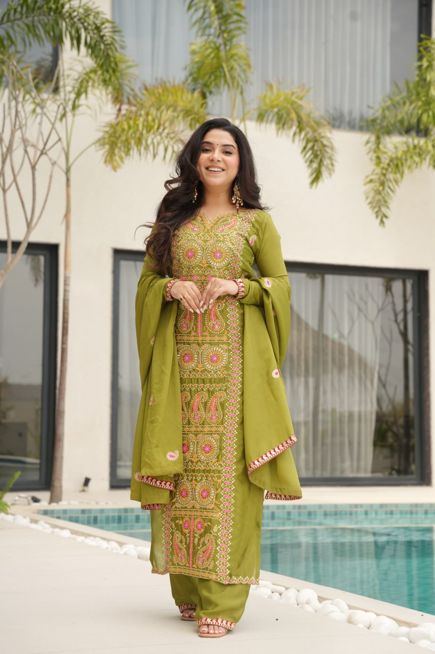 Lime Green Chinnon Silk Embroidered Top Pant Set