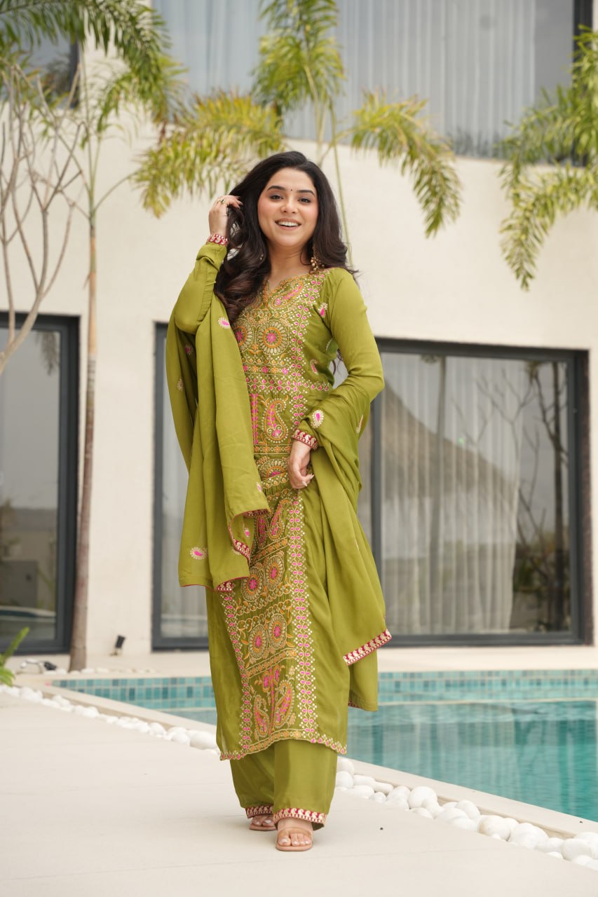Lime Green Chinnon Silk Embroidered Top Pant Set