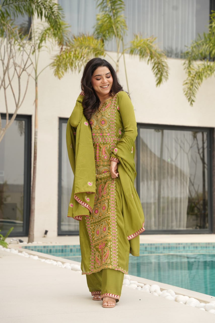 Lime Green Chinnon Silk Embroidered Top Pant Set