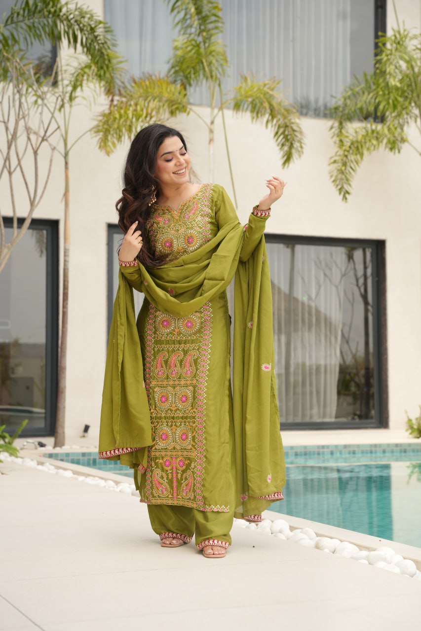 Lime Green Chinnon Silk Embroidered Top Pant Set