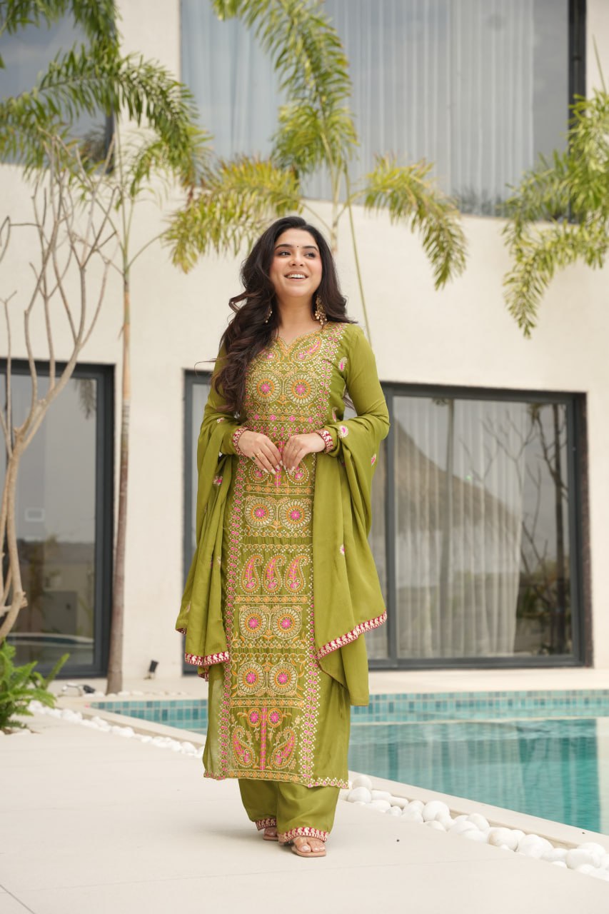 Lime Green Chinnon Silk Embroidered Top Pant Set