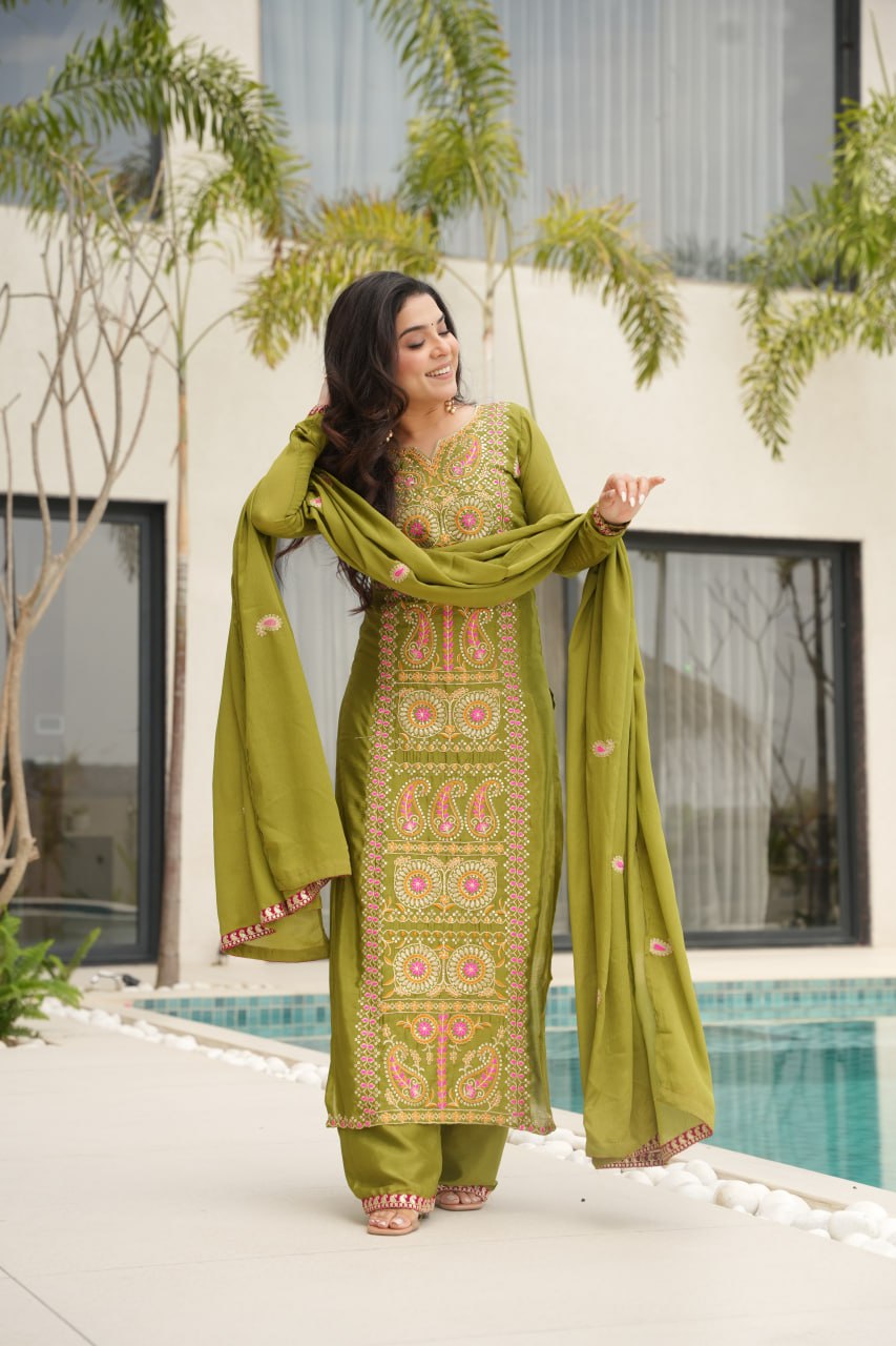 Lime Green Chinnon Silk Embroidered Top Pant Set