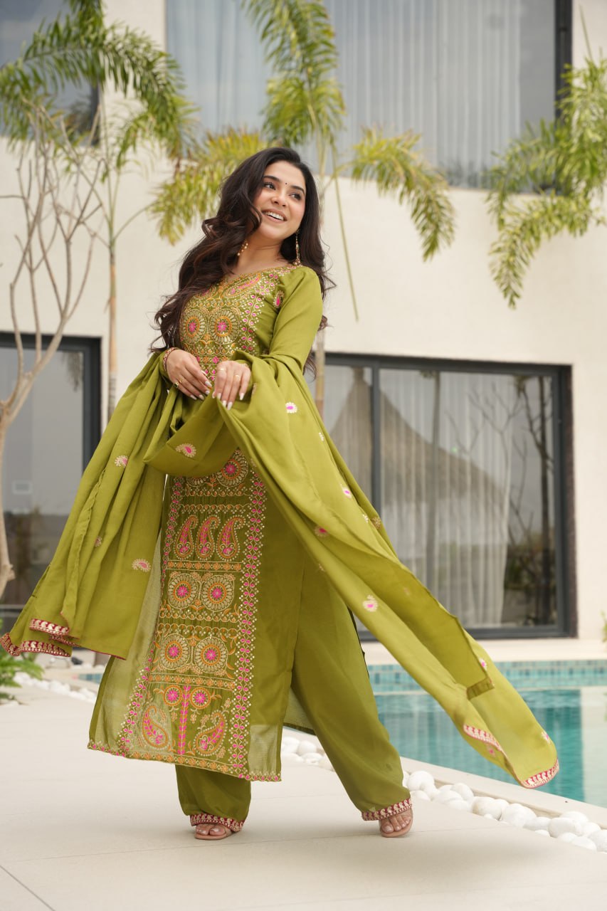 Lime Green Chinnon Silk Embroidered Top Pant Set