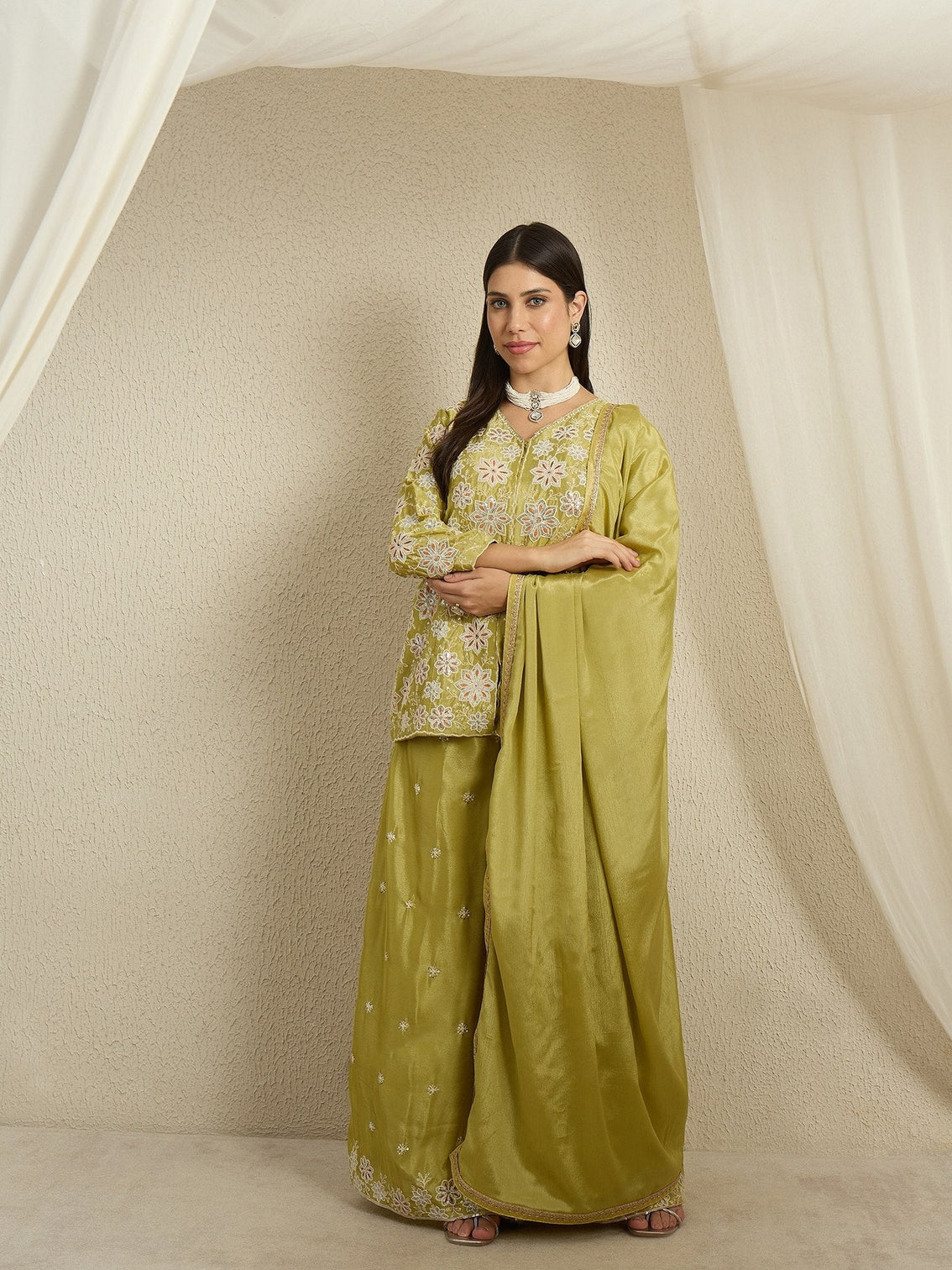 Lime Green Chinon Kurta Palazzo Set