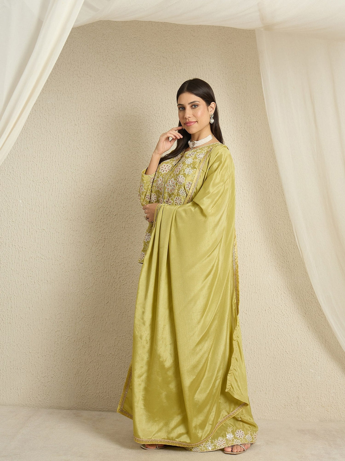 Lime Green Chinon Kurta Palazzo Set