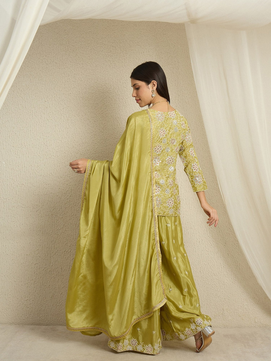 Lime Green Chinon Kurta Palazzo Set