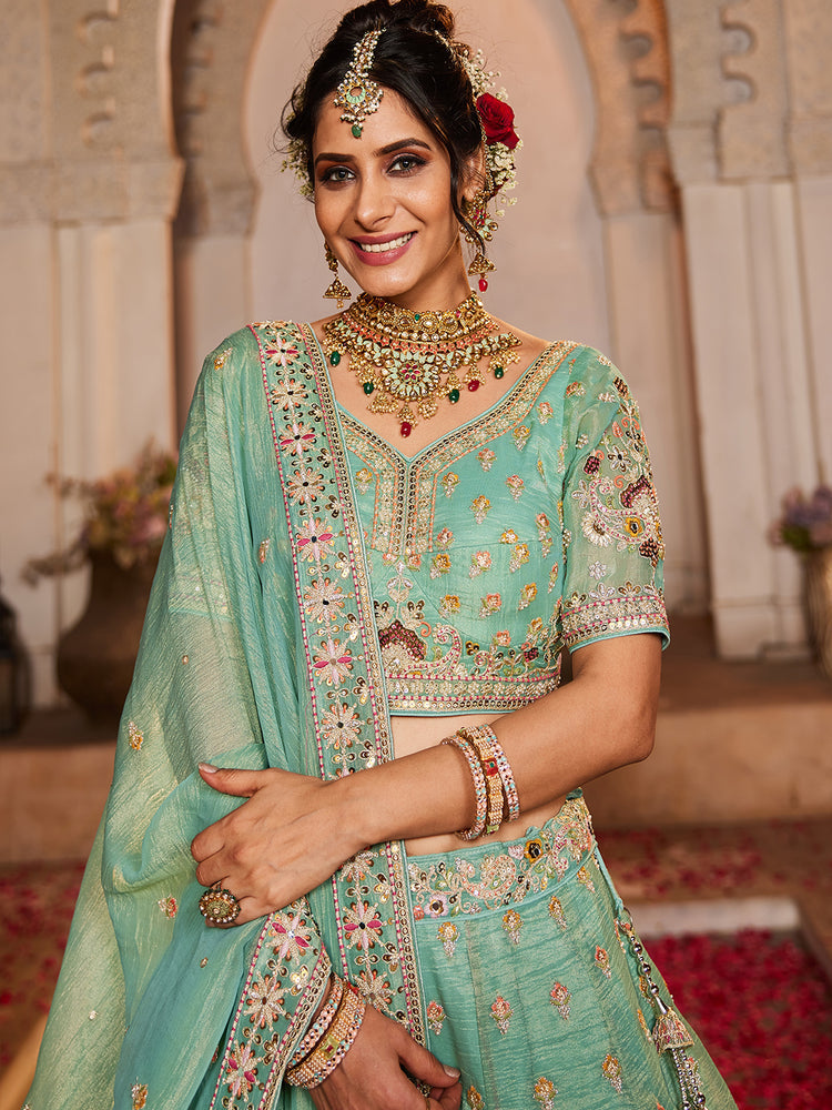 Lime Green colour Tissue Sequinse embroidery Semi-Stitched Lehenga choli & Dupatta