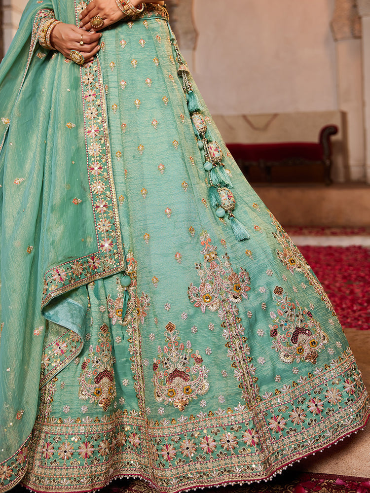 Lime Green colour Tissue Sequinse embroidery Semi-Stitched Lehenga choli & Dupatta