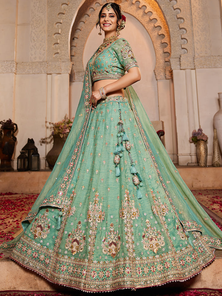 Lime Green colour Tissue Sequinse embroidery Semi-Stitched Lehenga choli & Dupatta