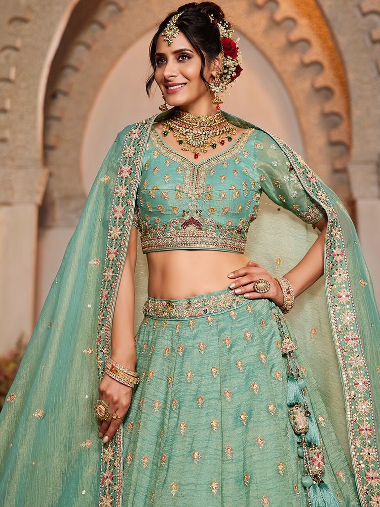 Lime Green colour Tissue Sequinse embroidery Semi-Stitched Lehenga choli & Dupatta