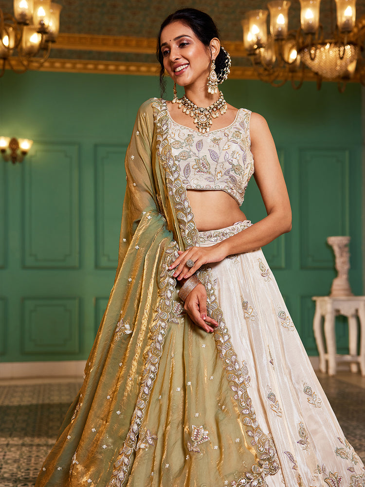 Lime Green Elegant Cream Viscose Semi-Stitched Lehenga Choli Set with Heavy Sequins & Thread Embroidery Work