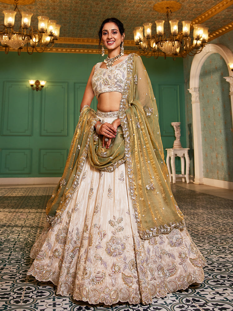 Lime Green Elegant Cream Viscose Semi-Stitched Lehenga Choli Set with Heavy Sequins & Thread Embroidery Work
