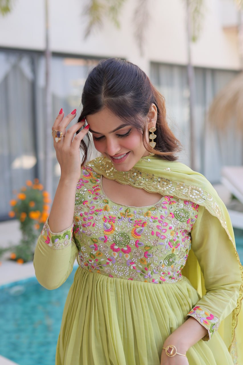 Lime Green Embroidered Gown Set