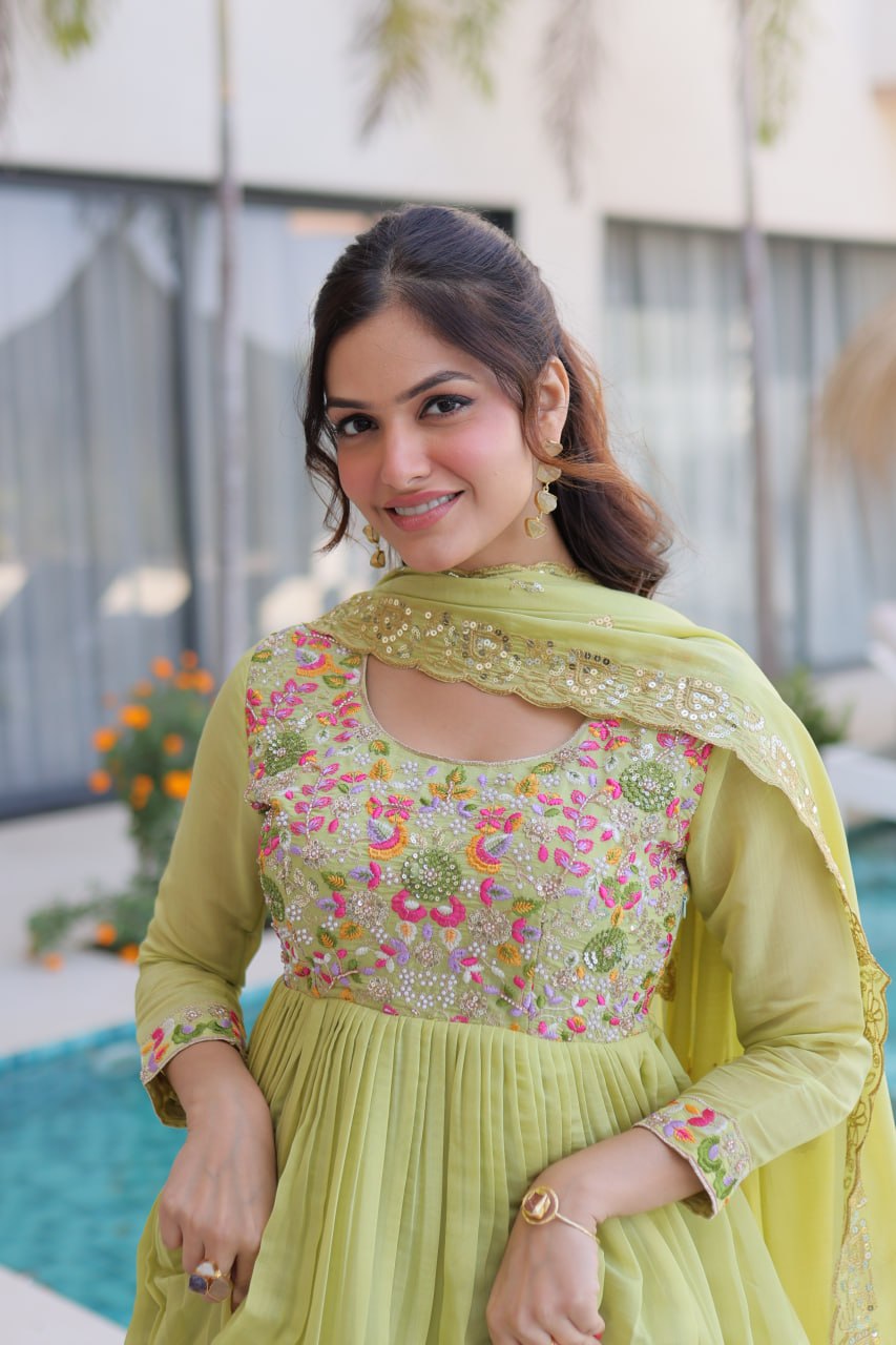 Lime Green Embroidered Gown Set