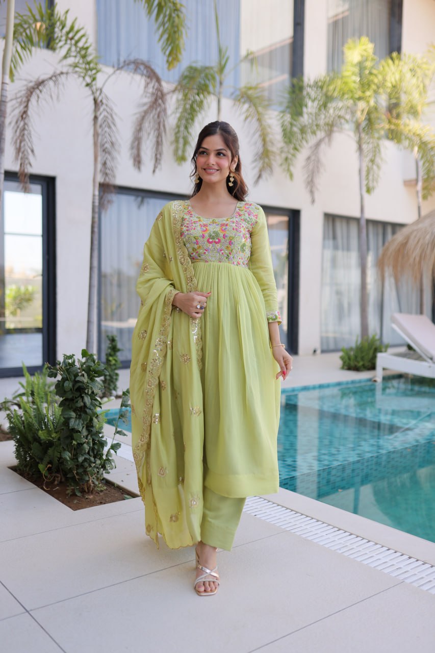 Lime Green Embroidered Gown Set