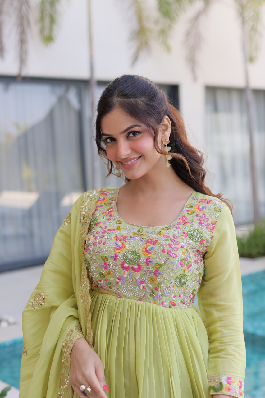 Lime Green Embroidered Gown Set