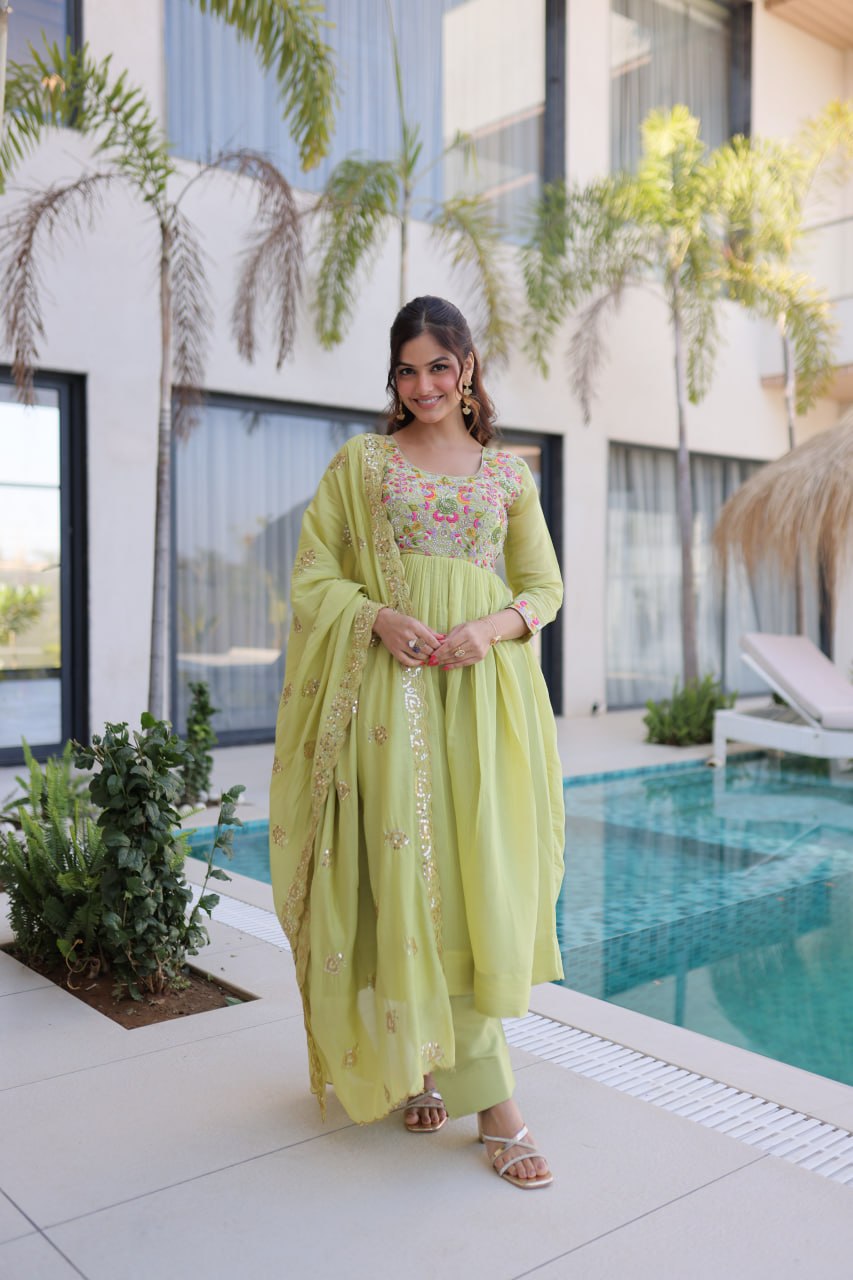 Lime Green Embroidered Gown Set