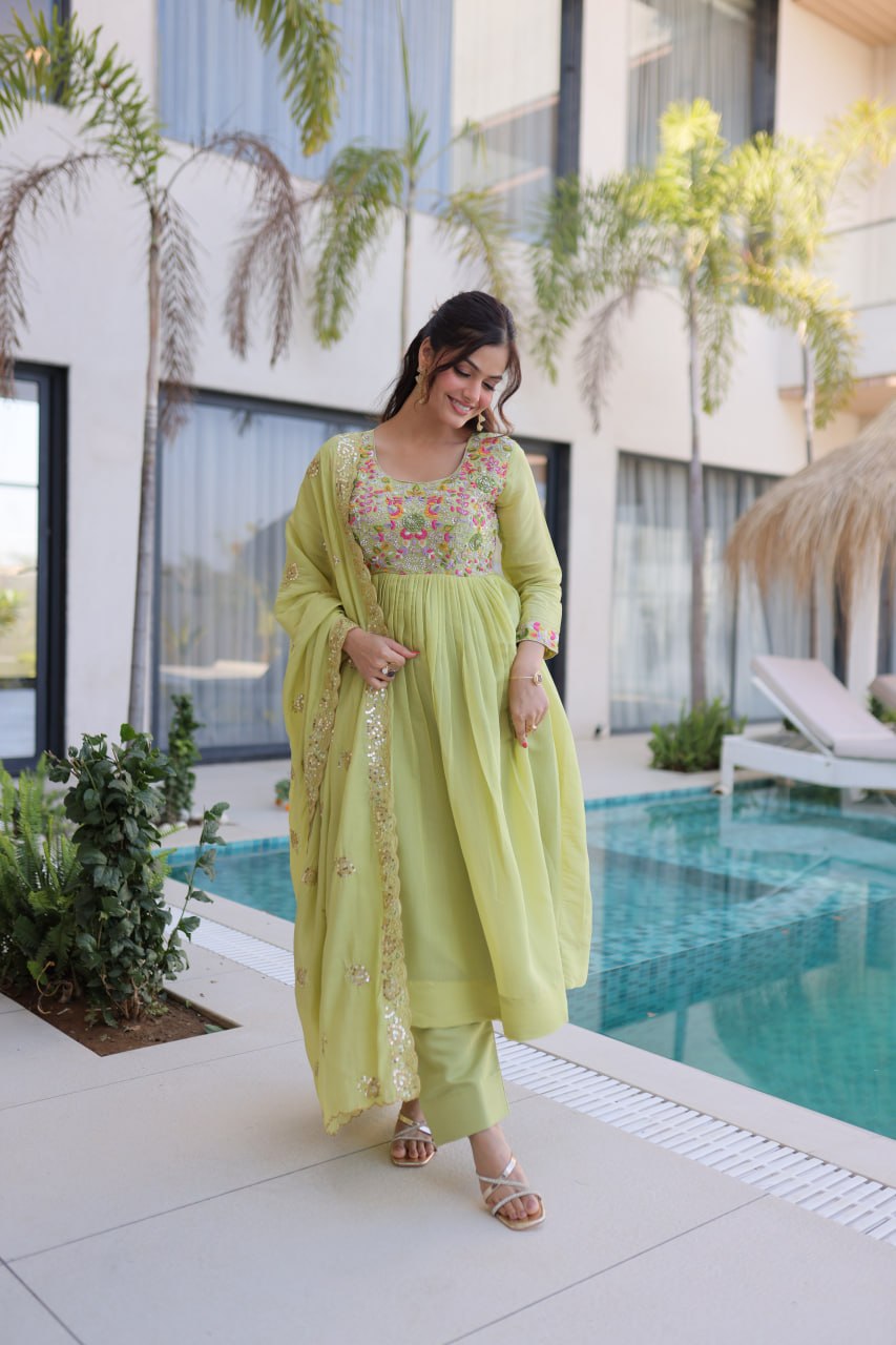 Lime Green Embroidered Gown Set