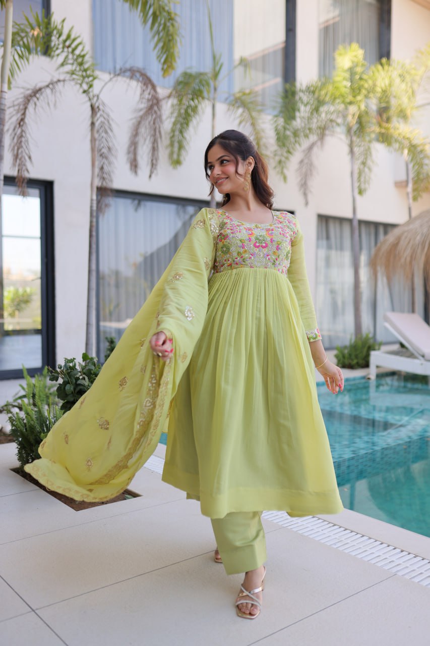 Lime Green Embroidered Gown Set