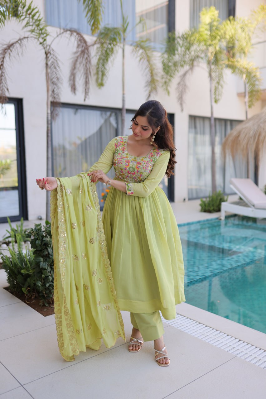Lime Green Embroidered Gown Set