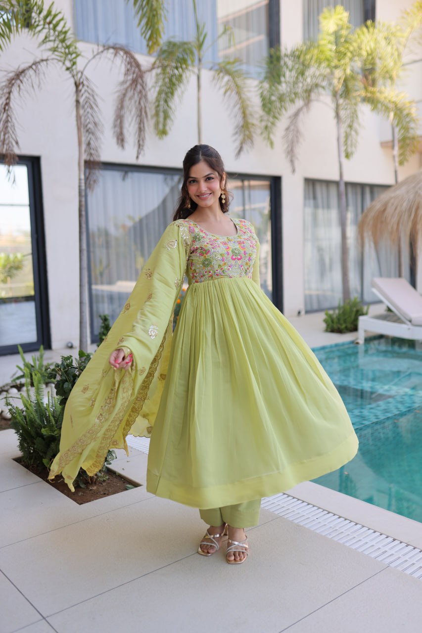 Lime Green Embroidered Gown Set