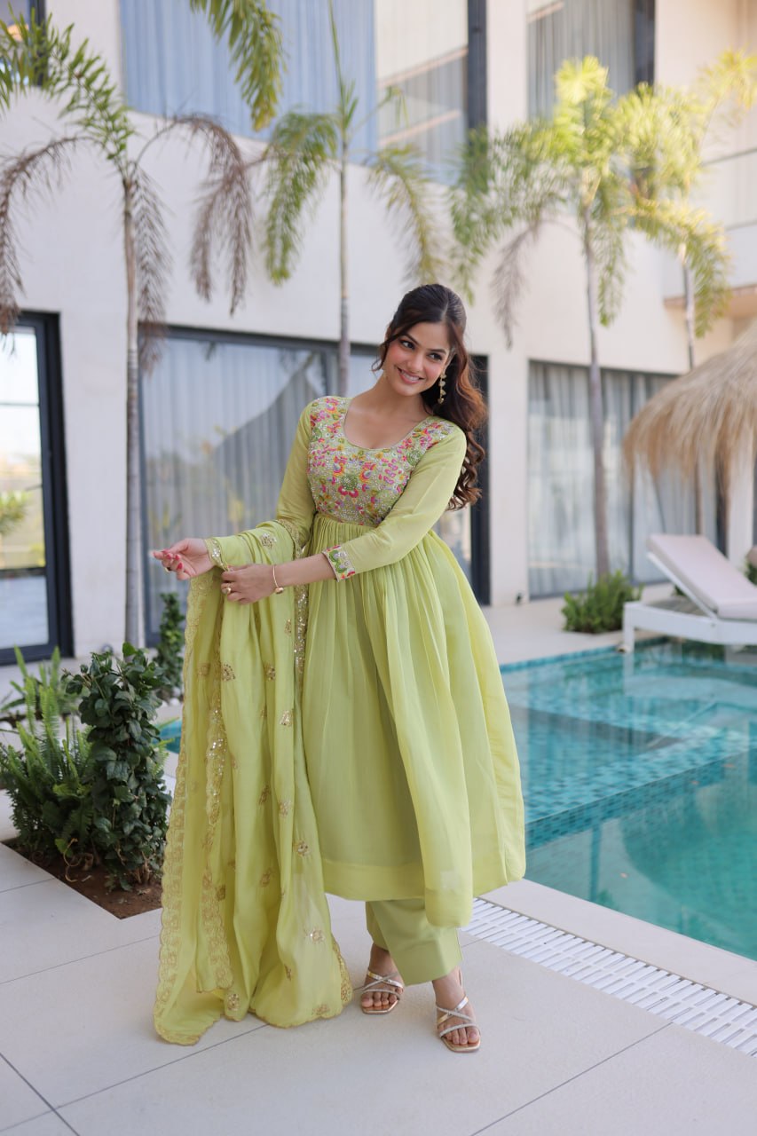 Lime Green Embroidered Gown Set